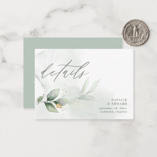 Angaben zur botanischen Eukalyptus-Hochzeit Mitteilungskarte (Vorderseite/Rückseite Beispiel)