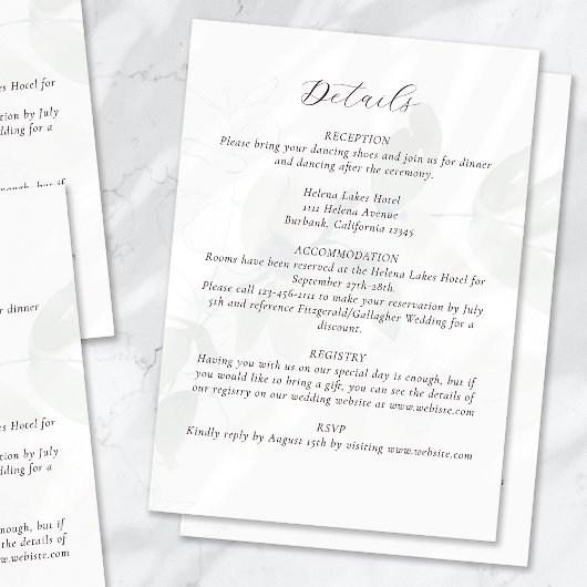 Angaben zur Eukalyptus-Hochzeit Begleitkarte