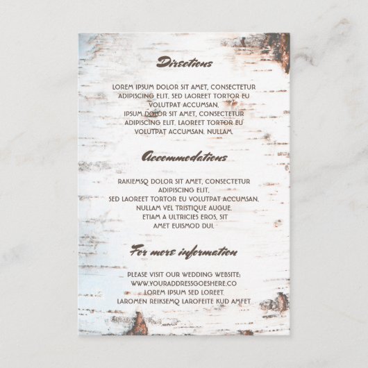 Angaben zur Hochzeit der Rustikalen Birkenrinde - Begleitkarte (Vorderseite)