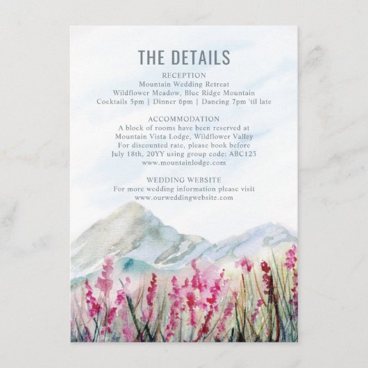 Angaben zur Hochzeit im Wasser von Mountain Meadow Begleitkarte (Vorderseite)
