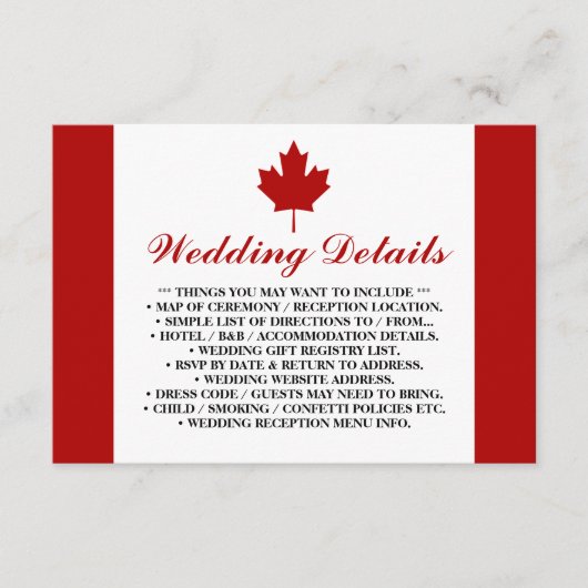 Angaben zur Hochzeit in Kanada Begleitkarte (Vorderseite)