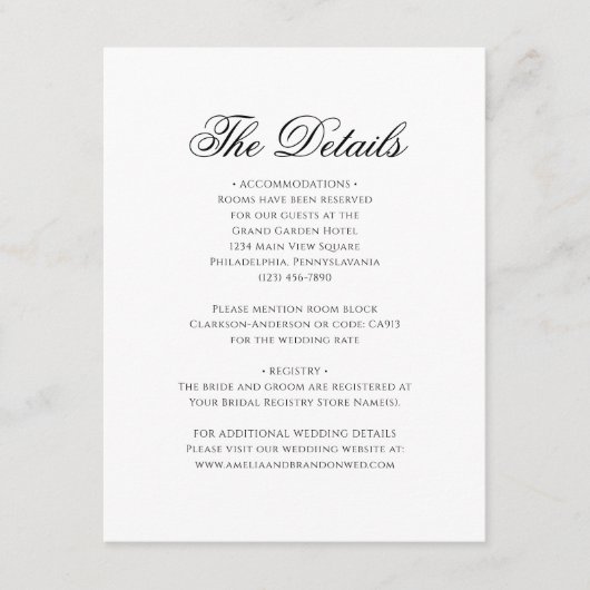 Angaben zur Hochzeit in Schwarz-Weiß-Monogramm Begleitkarte (Vorderseite)