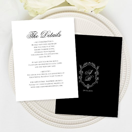 Angaben zur Hochzeit in Schwarz-Weiß-Monogramm Begleitkarte