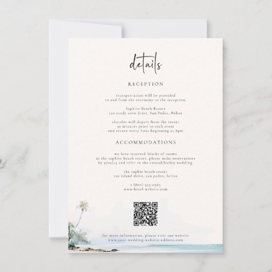 Angaben zur Hochzeit in Urlaubsort auf Inseln Einladung (Vorderseite)