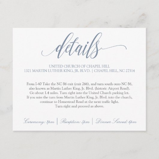 Angaben zur Hochzeit | Luxe Calligraphie (Dusty Bl Begleitkarte (Vorderseite)