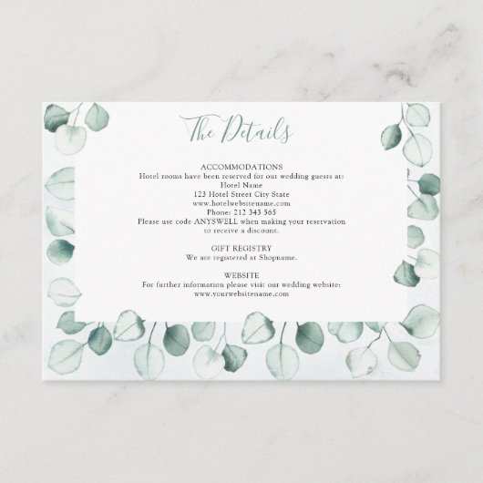 Angaben zur Hochzeitsstimmung im Eukalyptus-Leaf Begleitkarte (Vorderseite)