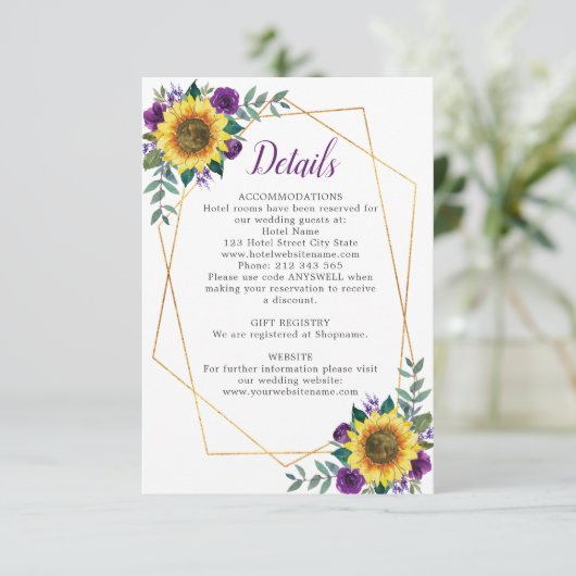 Angaben zur Hochzeitszeit der Sonnenblume Lila Blu Begleitkarte (Stehend Vorderseite)
