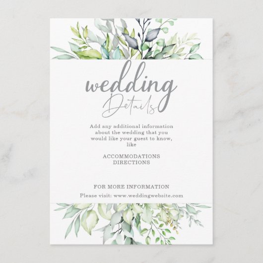 Angaben zur kalligraphischen Botanischen Hochzeit Begleitkarte (Vorderseite)