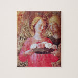 ANGEBOT MIT ROSE PUZZLE<br><div class="desc">Italienisches Meisterwerk aus dem späten Mittelalter von Fra Beato Angelico - Detail der Perugia Triptych 1437 .Italy Tempera und Goldfolie., Zwei Engel mit Goldflügel, die einen Korb mit Rose tragen, </div>