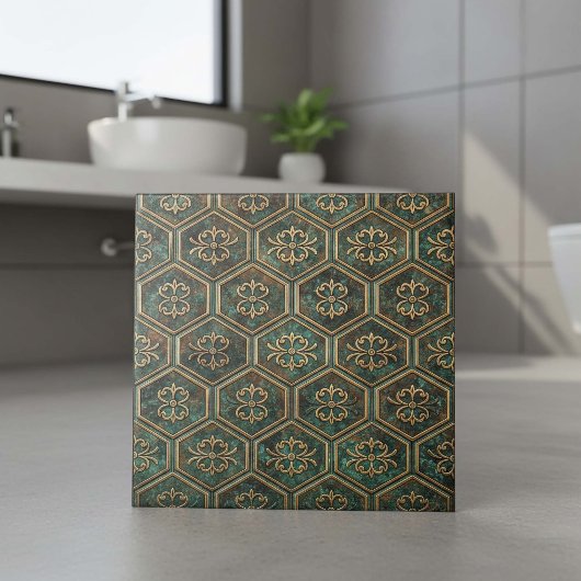 Angeflogenes Teal & Bronze Sechseck #17 ID1227 Fliese