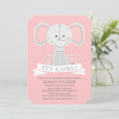 Angefülltes Elefant-Rosa ist es ein Mädchen! Einladung (Stehend Vorderseite)