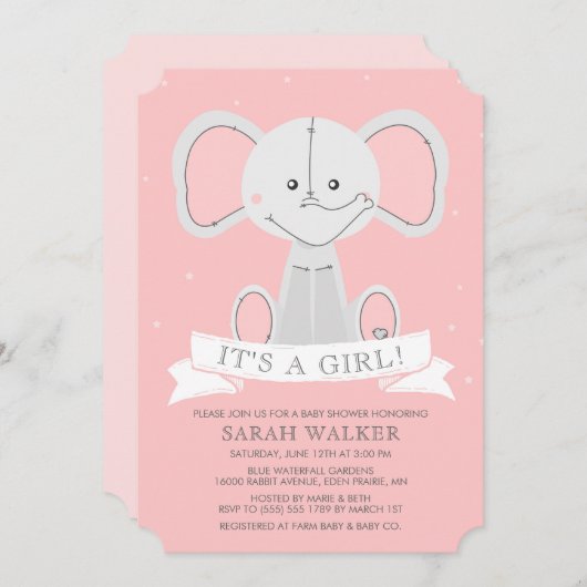 Angefülltes Elefant-Rosa ist es ein Mädchen! Einladung (Vorne/Hinten)
