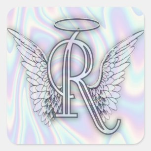 Angel Alphabet R Initial Letter Wings Halo Square Quadratischer Aufkleber