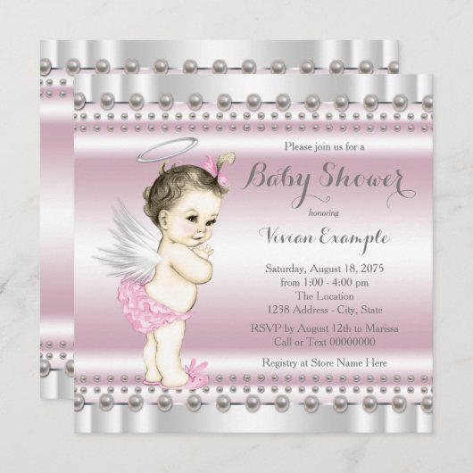 Angel Baby Dusche Rosa und Grau Einladung (Vorne/Hinten)