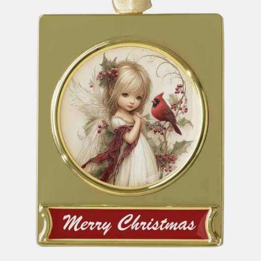 Angel & Cardinal – Holiday Blessings Banner Design Banner-Ornament Gold (Vorderseite)