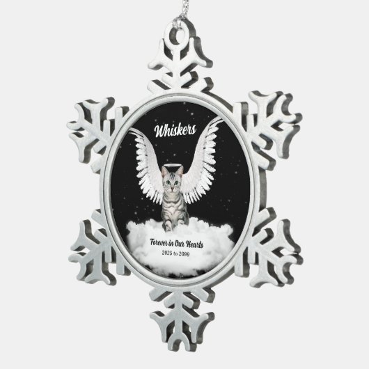 Angel Cat Gray Tabby Memorial Schneeflocken Zinn-Ornament (Rechts)