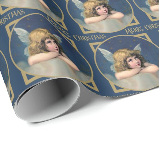 Angel Cherub Merry Christmas Blue Gold Geschenkpapier (Rolleneckpunkt)