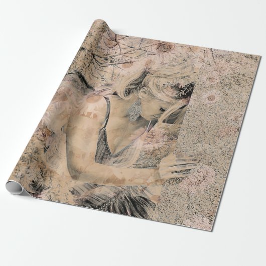 Angel Elegant Boho Floral Sepia Antique Geschenkpapier (Ungerollt)