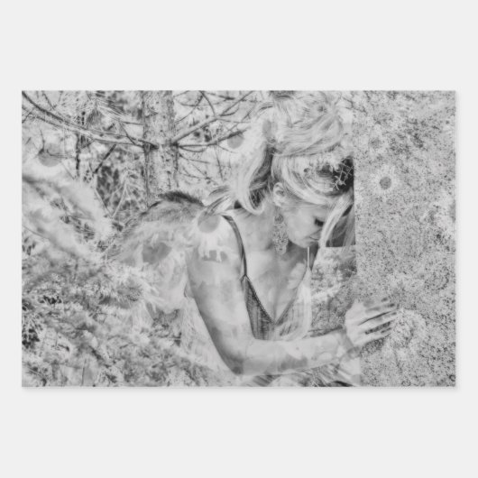 Angel Elegant Boho Schwarz und Weiß Blumen Antique Geschenkpapier Set (Vorderseite 3)