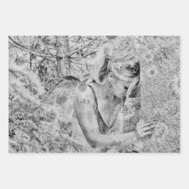 Angel Elegant Boho Schwarz und Weiß Blumen Antique Geschenkpapier Set