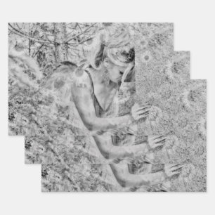 Angel Elegant Boho Schwarz und Weiß Blumen Antique Geschenkpapier Set