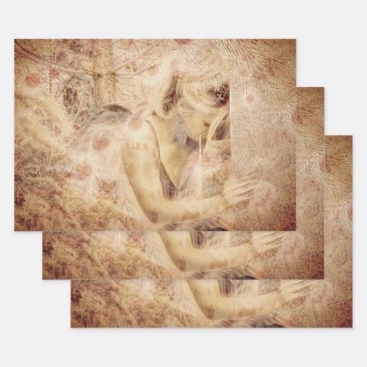 Angel Elegant Glows Brown Sepia Floral Antique Geschenkpapier Set (Set)