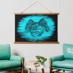 Angel Eros in Liebe , Schwarz und Grün Wandteppich Mit Holzrahmen