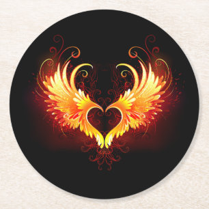 Angel Fire Heart with Wings Runder Pappuntersetzer