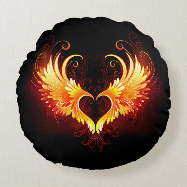 Angel Fire Heart with Wings Rundes Kissen (Vorderseite)