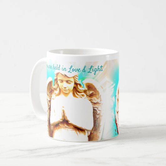 Angel Gebet Aqua Blue Sky Liebe Light Quote Gesche Kaffeetasse (Vorderseite Links)