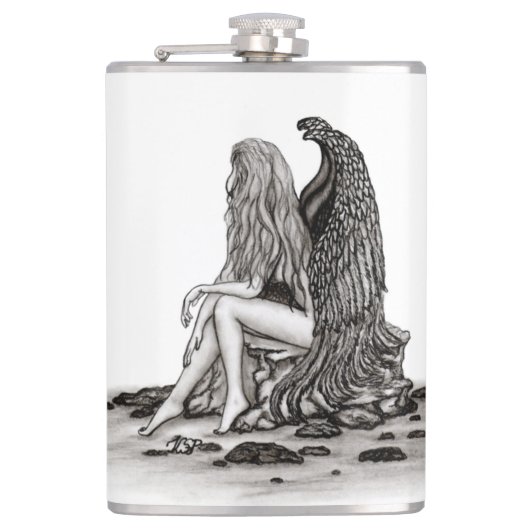 Angel , gedankenverloren , schwarz-weiß Design Flachmann (Vorderseite)