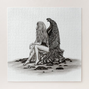Angel , gedankenverloren , schwarz-weiß Design Puzzle