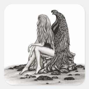 Angel , gedankenverloren , schwarz-weiß Design Quadratischer Aufkleber