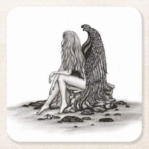 Angel , gedankenverloren , schwarz-weiß Design Rechteckiger Pappuntersetzer