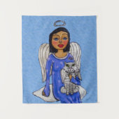 Angel Holding Cat auf Cloud Silver Halos Light Blu Wandteppich (Vorderseite)