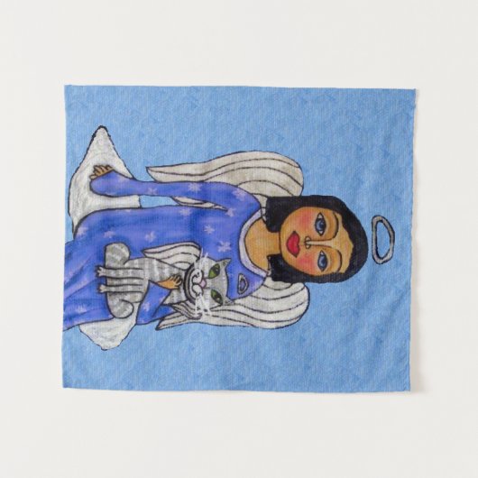 Angel Holding Cat auf Cloud Silver Halos Light Blu Wandteppich (Vorderseite (Horizontal))