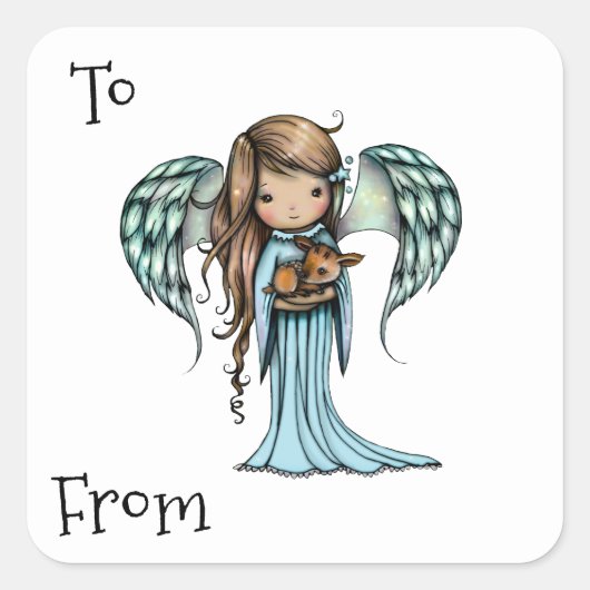 Angel Holding Fawn Illustriert Art Quadratischer Aufkleber (Vorderseite)