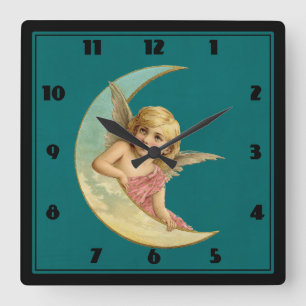 Angel in a crescent moon vintage image quadratische wanduhr
