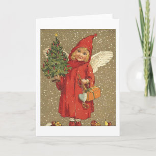Angel in einem roten Coat Feiertagskarte
