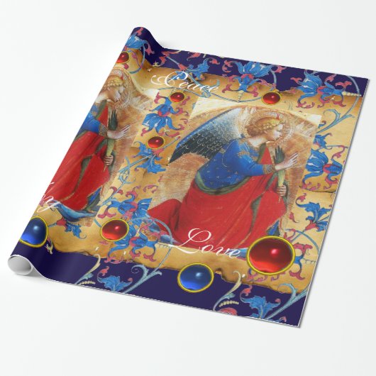 ANGEL IN ROT, GOLD, BLUE FLORAL PARCHMENT MIT GEMS GESCHENKPAPIER (Ungerollt)