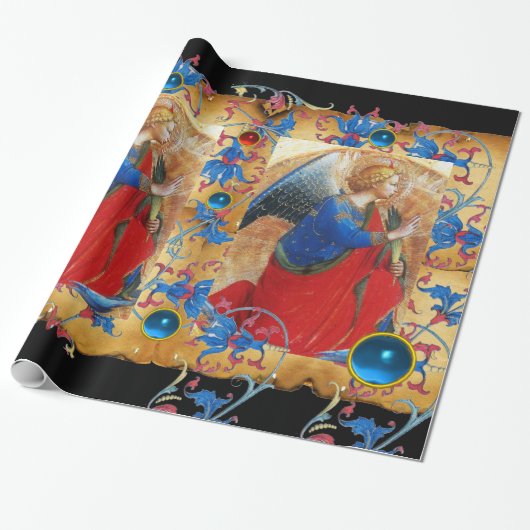 ANGEL IN ROT, GOLD, BLUE FLORAL PARCHMENT UND GEMS GESCHENKPAPIER (Ungerollt)
