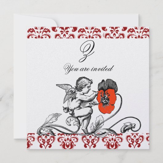 ANGEL MALERIEREN EIN ROTES BLUME-DAMASK-MONOGRAM-E EINLADUNG (Vorderseite)