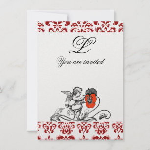 ANGEL MALERIEREN EIN ROTES BLUME-DAMASK-MONOGRAM-E EINLADUNG