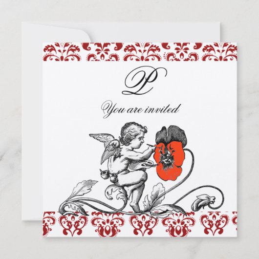 ANGEL MALERIEREN EINE ROTE BLUME DAMASK MONOGRAMM EINLADUNG (Vorderseite)