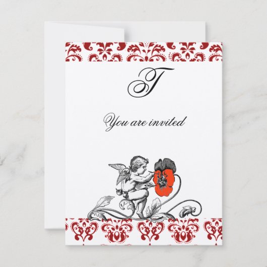 ANGEL MALERIEREN EINE ROTE BLUME DAMASK MONOGRAMM EINLADUNG (Vorderseite)