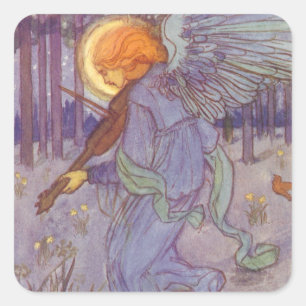 Angel Musician Violine spielen, Vintage Musik Quadratischer Aufkleber