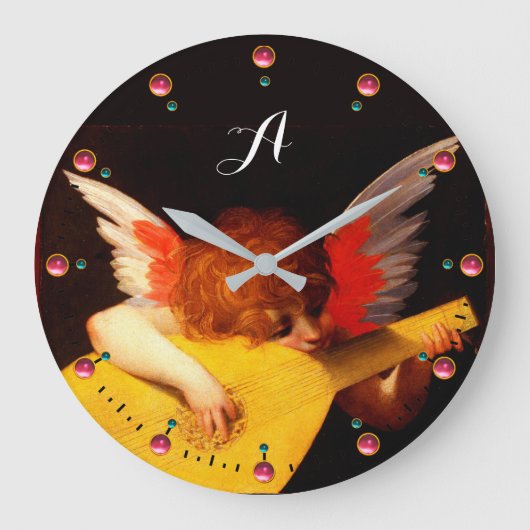ANGEL PLAYING LUTE Music Making Cherub Monogram Große Wanduhr (Vorderseite)