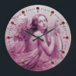 ANGEL PLAYING LYRA OVER THE CLOUDS Pink Fuchsia Große Wanduhr<br><div class="desc">Artistic and classic watercolor painting with white antique pink fuchsia gem stones ,  re-elaborated from 18 th Century Italian fine art</div>