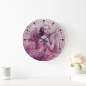 ANGEL PLAYING LYRA OVER THE CLOUDS Pink Fuchsia Große Wanduhr (Zuhause)