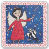 Angel Red Dress in Sky Angel Cat Candy Canes Aufkleber (Vorderseite)